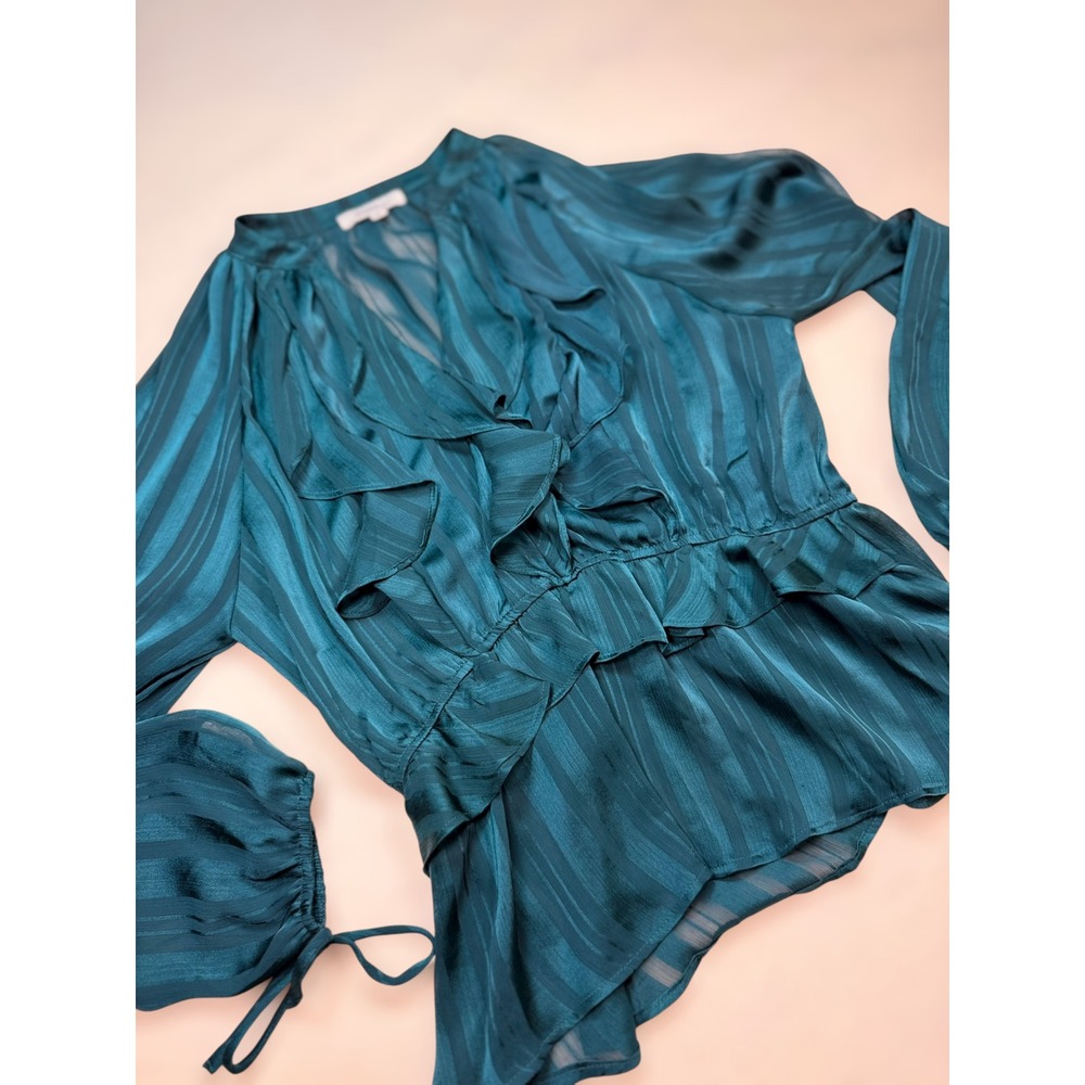 Orchid Haze Teal Green Striped Ruffle Peplum Blouse Long Sleeve T12193 Womens L